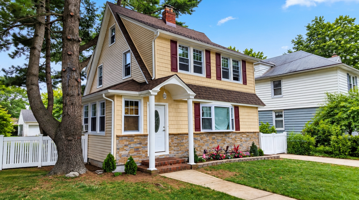 Long Island colonial with new cedar shingle siding, trim, and roof